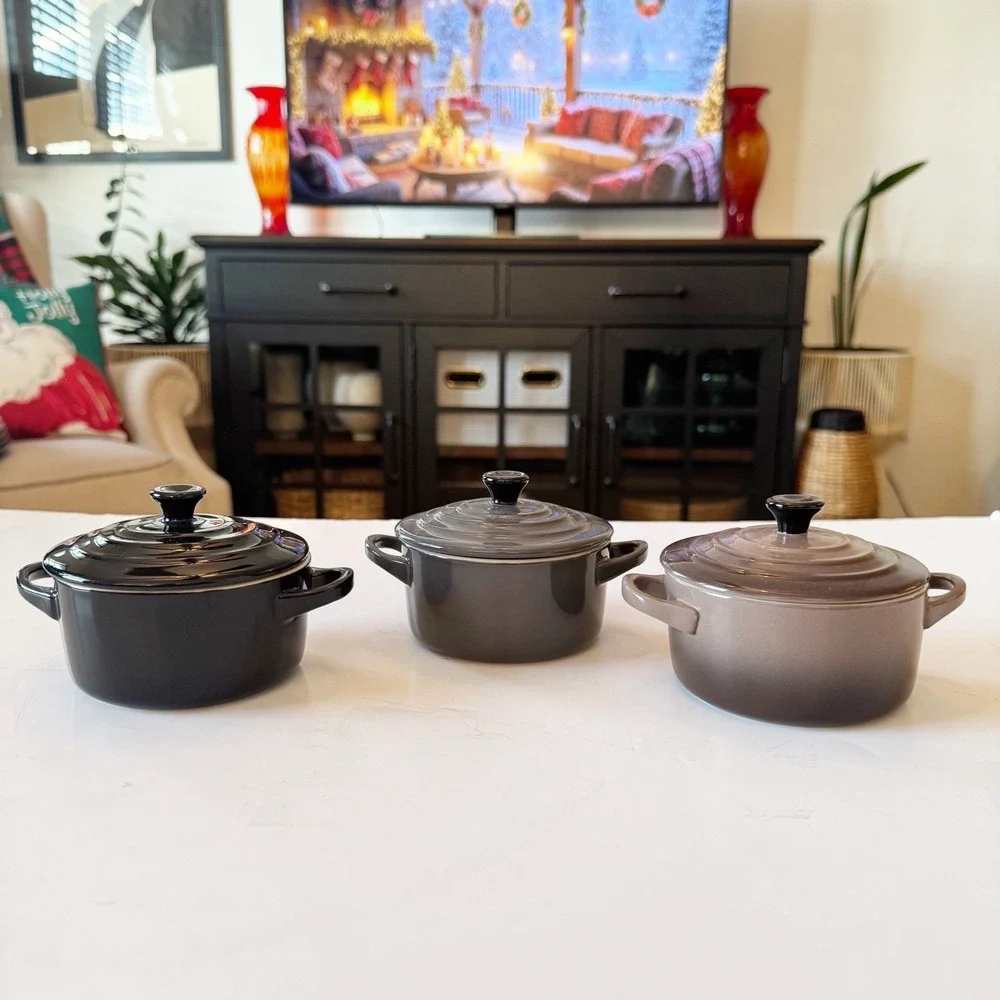 Le Creuset Mini Round Cocotte Set/3 Flint Grey, Fig, Black With Lids Plus Bonus